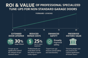 A visual guide showing close-ups of three different garage door materials: aged wood, ornate wrought iron, and modern glass, with icons indicating specific care actions.
