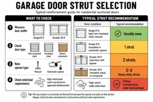 Step-by-step decision matrix for selecting the proper garage door strut configuration based on door width, material, opener presence, and wind-load requirements for optimal reinforcement and compliance.