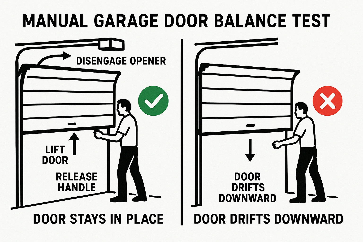 This infographic anchors the crucial safety knowledge of manually testing a garage door's balance post-strut installation, visually reinforcing the steps to assess spring tension and avoid motor or spring damage.