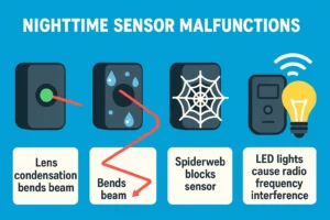 Understand why garage door sensors fail at night: condensation, cobwebs, and LED lights can block or jam sensor signals preventing door closure.