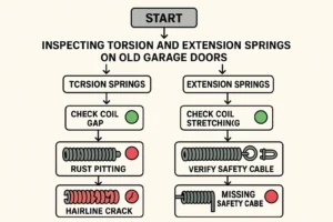 This flowchart guides readers through the critical spring inspection steps, helping assess wear and safety hazards to decide if immediate repairs or replacements are necessary.