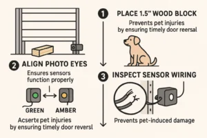 This diagram clarifies how standard garage door safety sensors at 6 inches can miss smaller pets, creating a dangerous 'blind spot,' and how modifications to door panels impact torsion spring balance and mechanical safety.