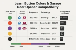 Infographic displaying garage door opener learn button colors, radio frequencies, and production eras