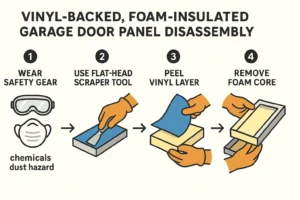 A clear procedural guide for homeowners on safely separating vinyl backing and foam insulation from garage door panels, emphasizing safety and proper tool use.
