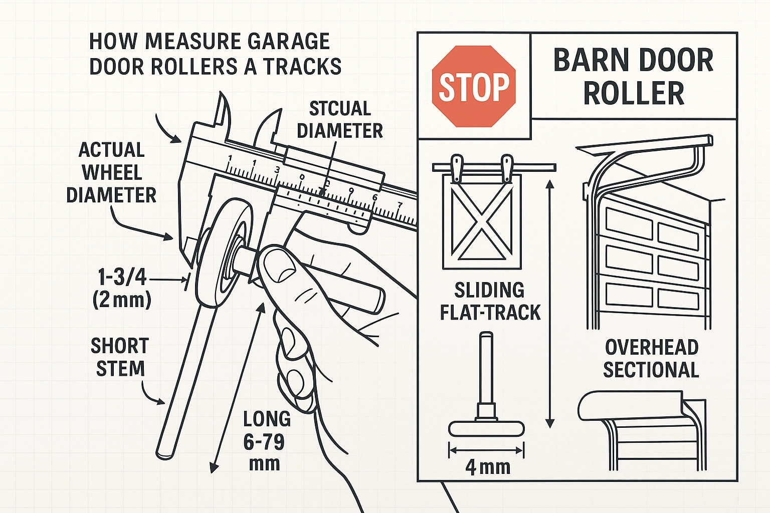 This safety visual anchors the critical red-alert warning about the high-tension bottom corner brackets, teaching readers which garage door hardware can be safely serviced and which should never be touched.