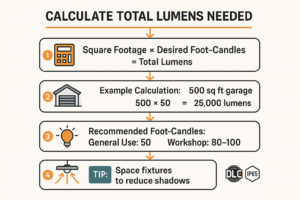 Use this simple formula and layout guide to confidently determine your garage’s lighting needs and spacing, ensuring ideal illumination without guesswork.