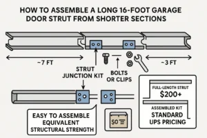 Visual explanation of using strut junction kits to assemble multiple short strut sections into one long brace, bypassing expensive freight fees while maintaining full structural strength.