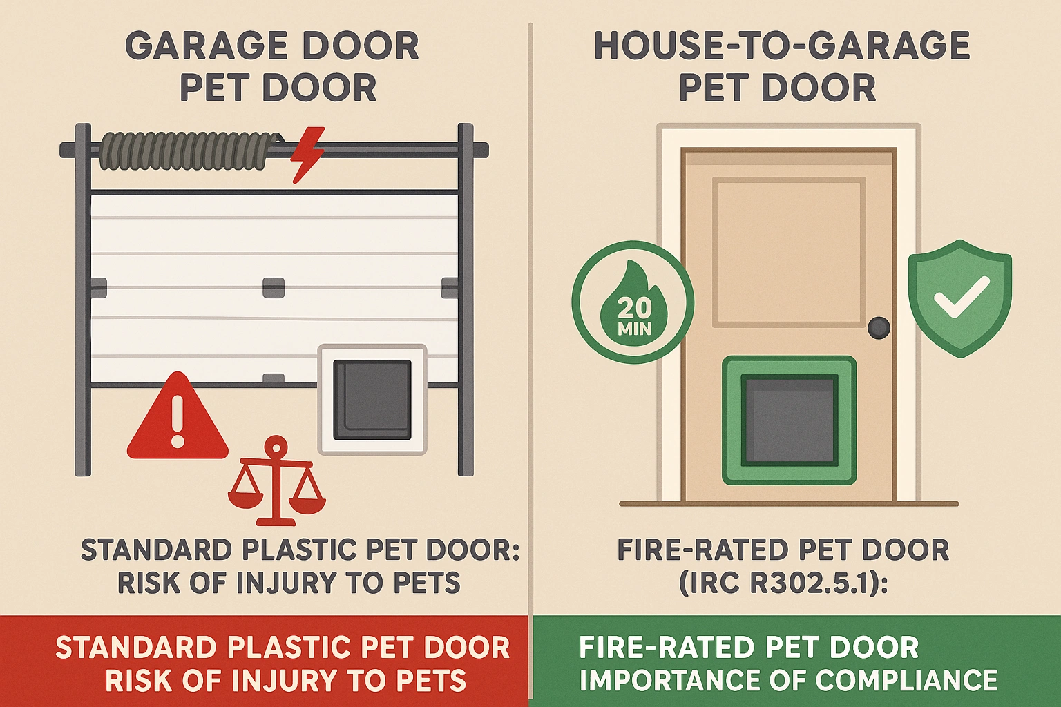This visual clarifies why cutting pet doors into overhead garage doors risks mechanical failure and pet injury, while certified fire-rated pet doors comply with safety codes and protect your home.