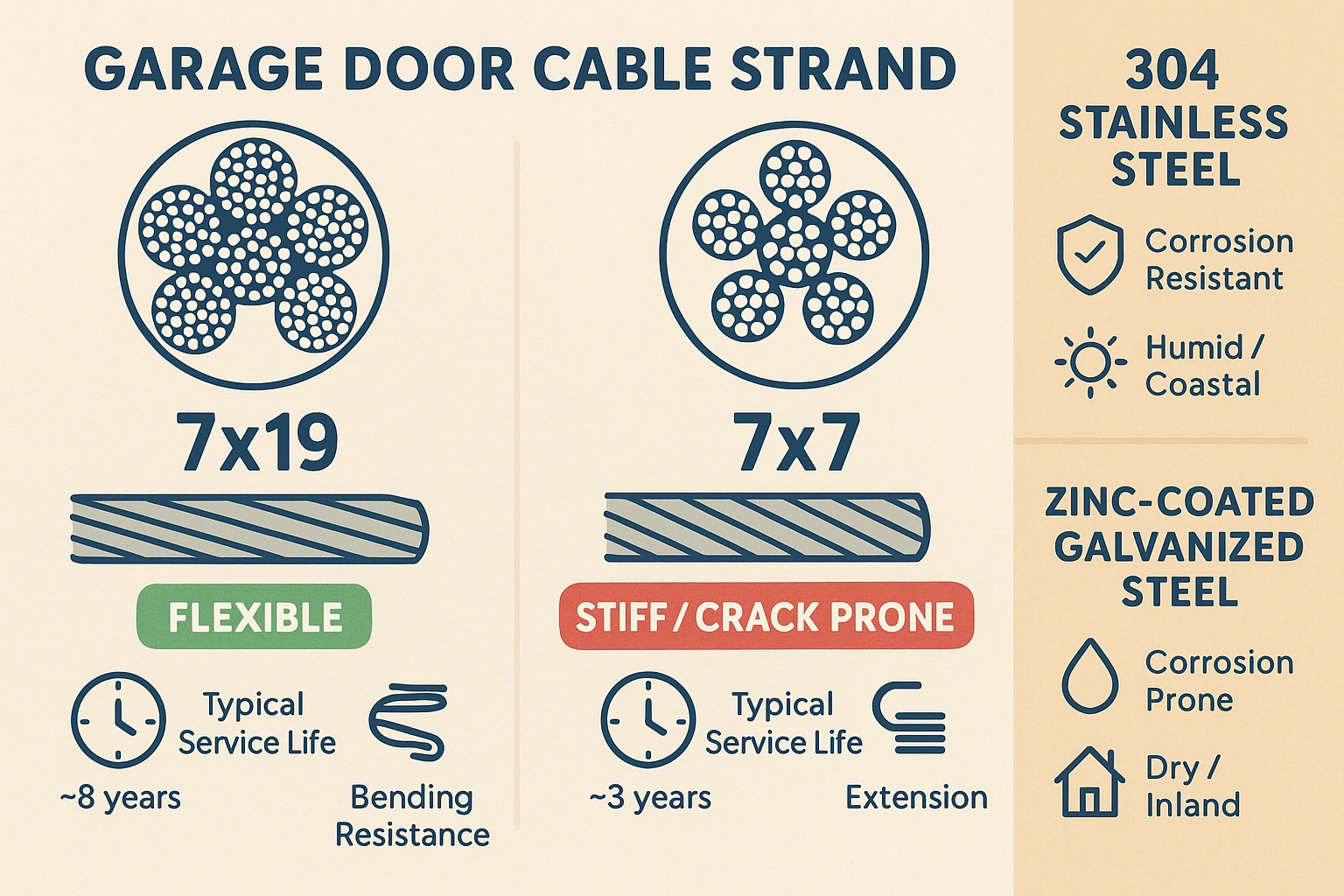 Infographic detailing cable strand differences and material types anchors key engineering concepts for safer, longer-lasting garage door cable choices.