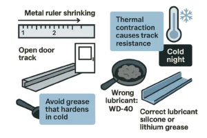 Remember: cold weather contracts metal tracks and hardens incorrect grease, causing door to reverse. Use silicone or lithium grease for smooth operation.