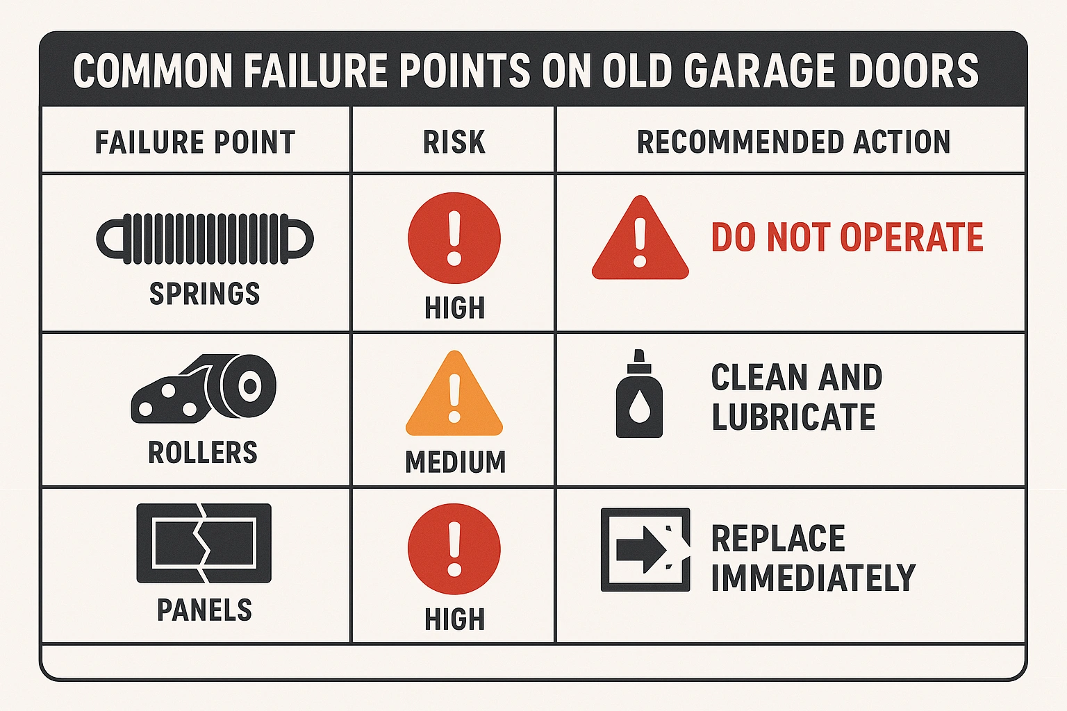 This decision matrix serves as a memory anchor, helping readers quickly recall key safety risks and make informed repair versus replacement decisions when inspecting old garage doors.