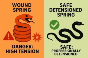 A memorable visual aid that helps readers instantly recall why torsion springs must be safely detensioned before disposal or scrap to avoid injury and comply with regulations.