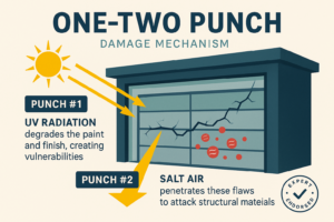 Protect your garage door from harsh coastal salt air and sun damage. Discover easy maintenance tips and durable materials to stop rust and UV fading.