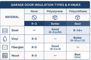 Side-by-side comparison of garage door materials paired with insulation types clarifies R-value ranges and energy efficiency benefits, helping you pinpoint the best combination for your garage's climate and use.