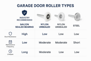 An illustration showing a close-up of a garage door track with a roller inside.