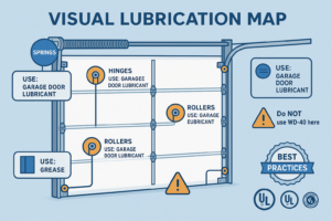 A diagram of a garage door with arrows pointing to key lubrication points