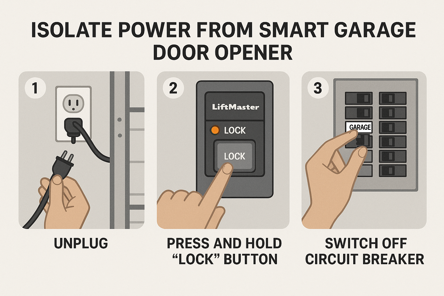Stepwise guide on isolating power to a garage door opener after a vehicle strike