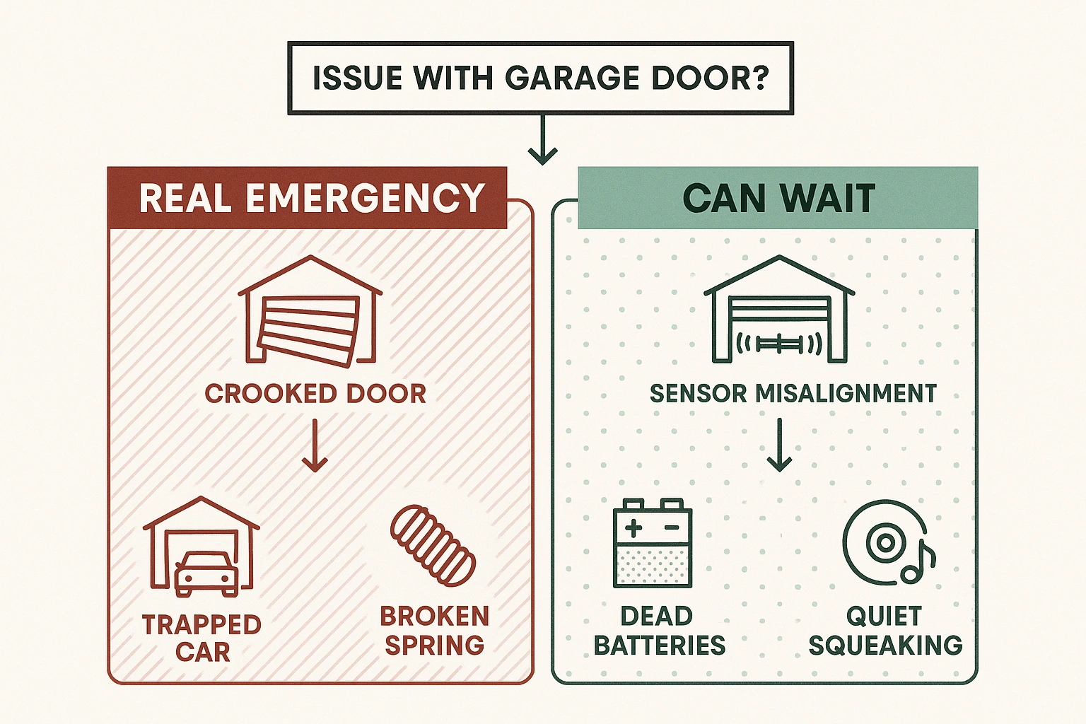 This matrix helps homeowners quickly assess whether their garage door issue demands immediate emergency service or can be scheduled for routine repair, reducing confusion and anxiety during stressful moments.