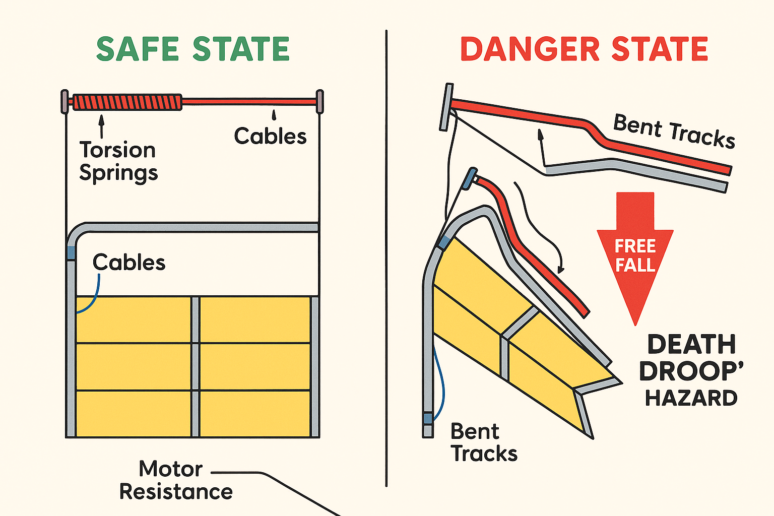 Infographic on the dangers of pulling the emergency release cord on damaged garage doors