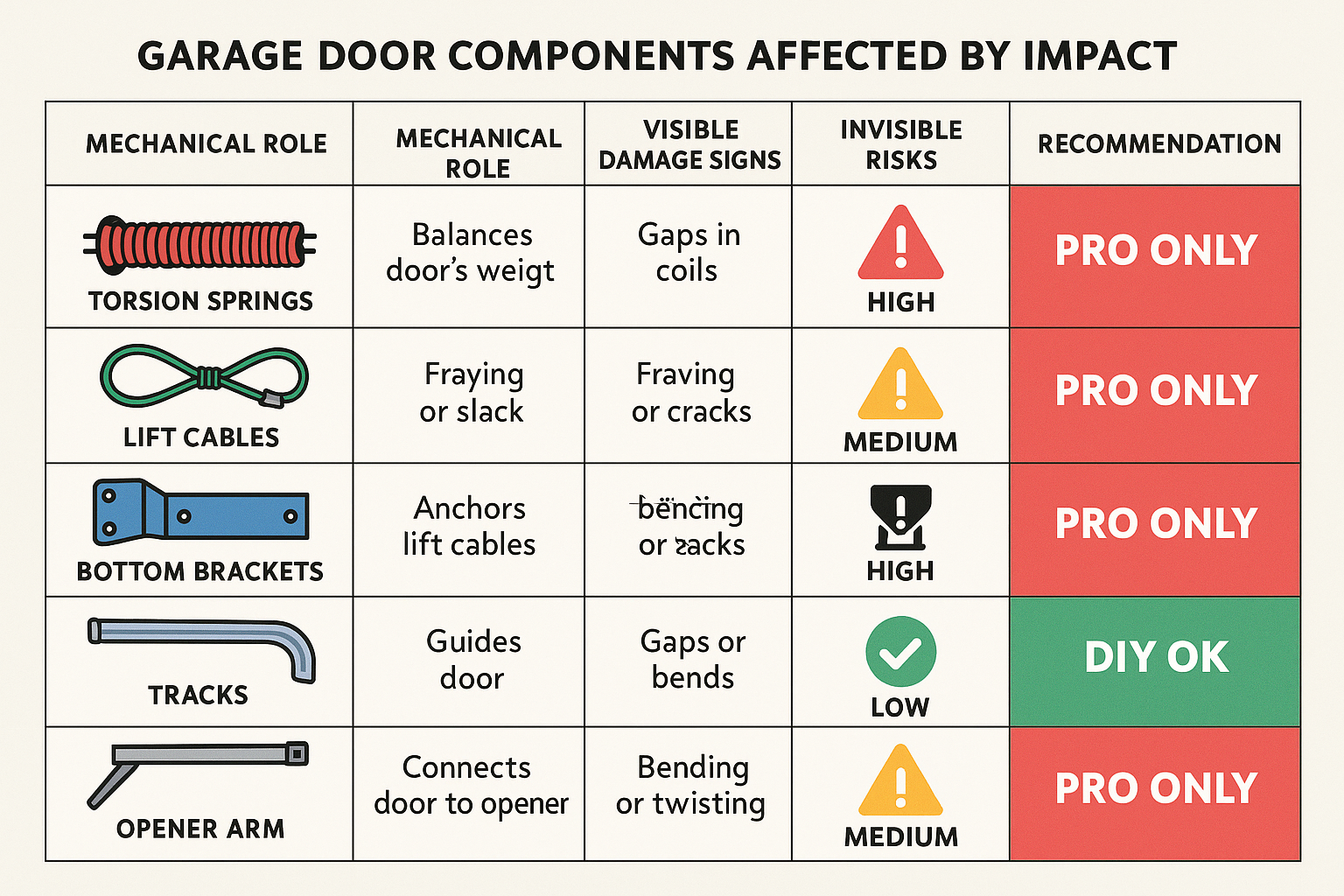 This visual memory aid breaks down each garage door component, showing how to spot damage, assess risk, and decide why professional repairs are essential.