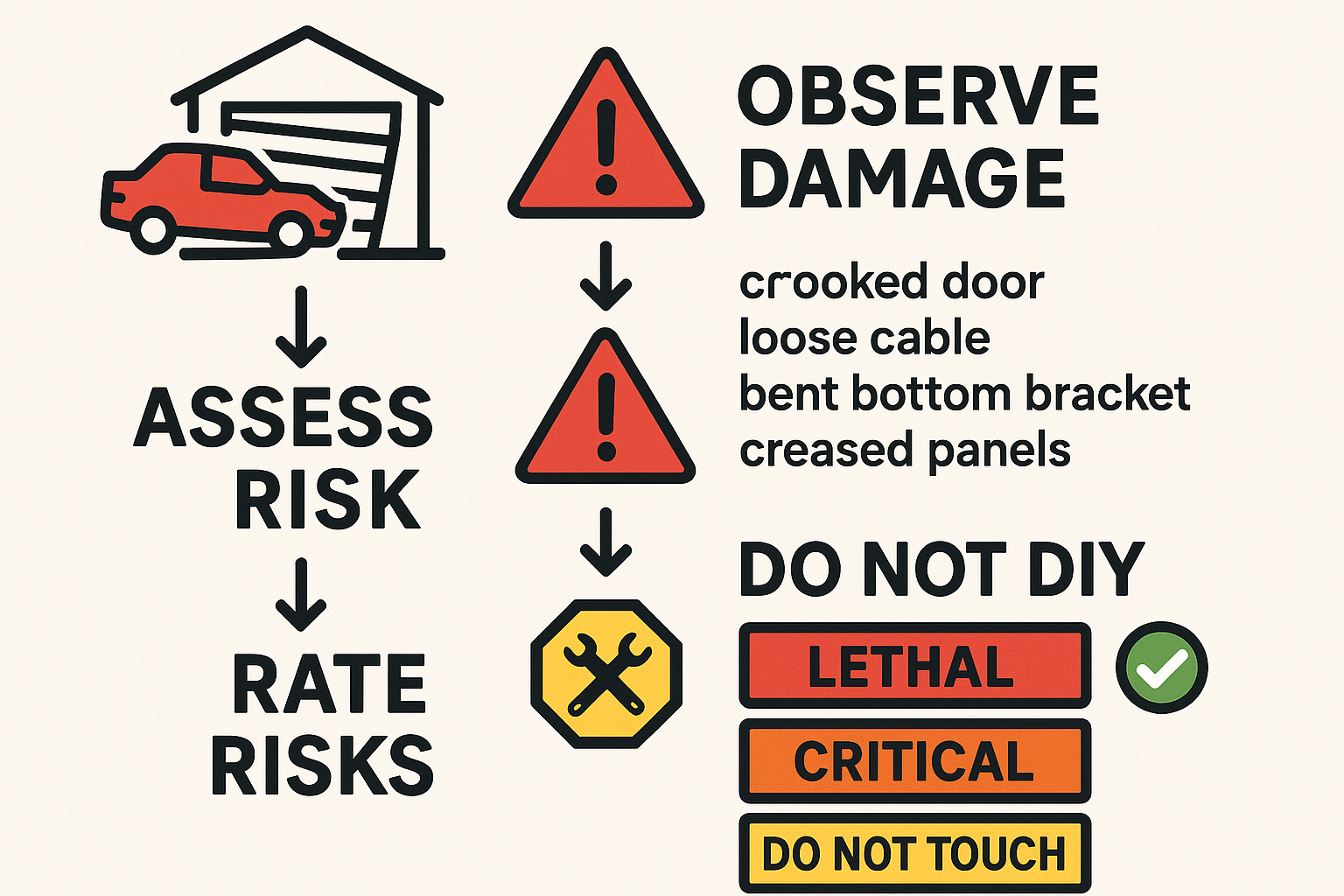 Step-by-step visual guide to help identify if a garage door is safe to handle or poses mechanical hazards after impact, guiding users away from dangerous DIY attempts.