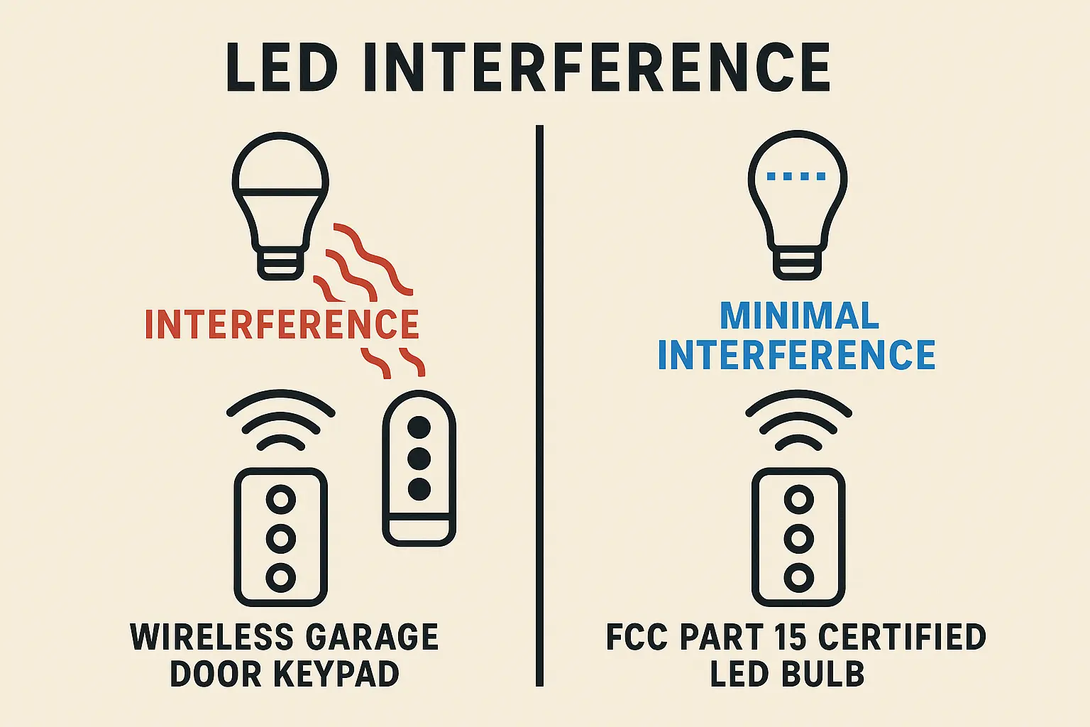 Visual breakdown of how standard LED bulbs emit radio frequency interference that blocks keypad signals, contrasted with clean, low-interference bulbs recommended for garage door openers.