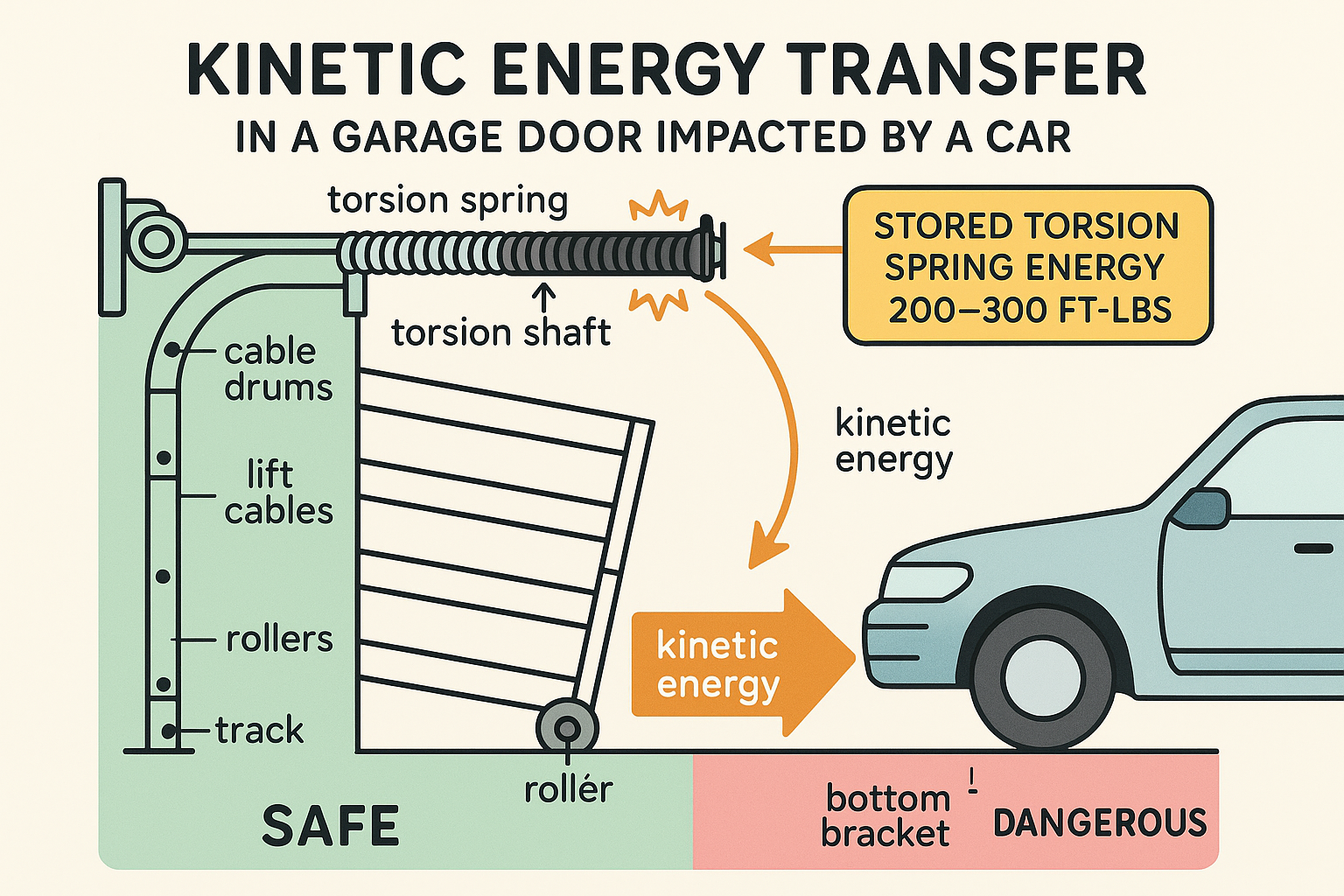 This image reveals how a garage door's torsion spring stores massive energy that transfers through cables and brackets, explaining why an impacted door is a hidden mechanical hazard.
