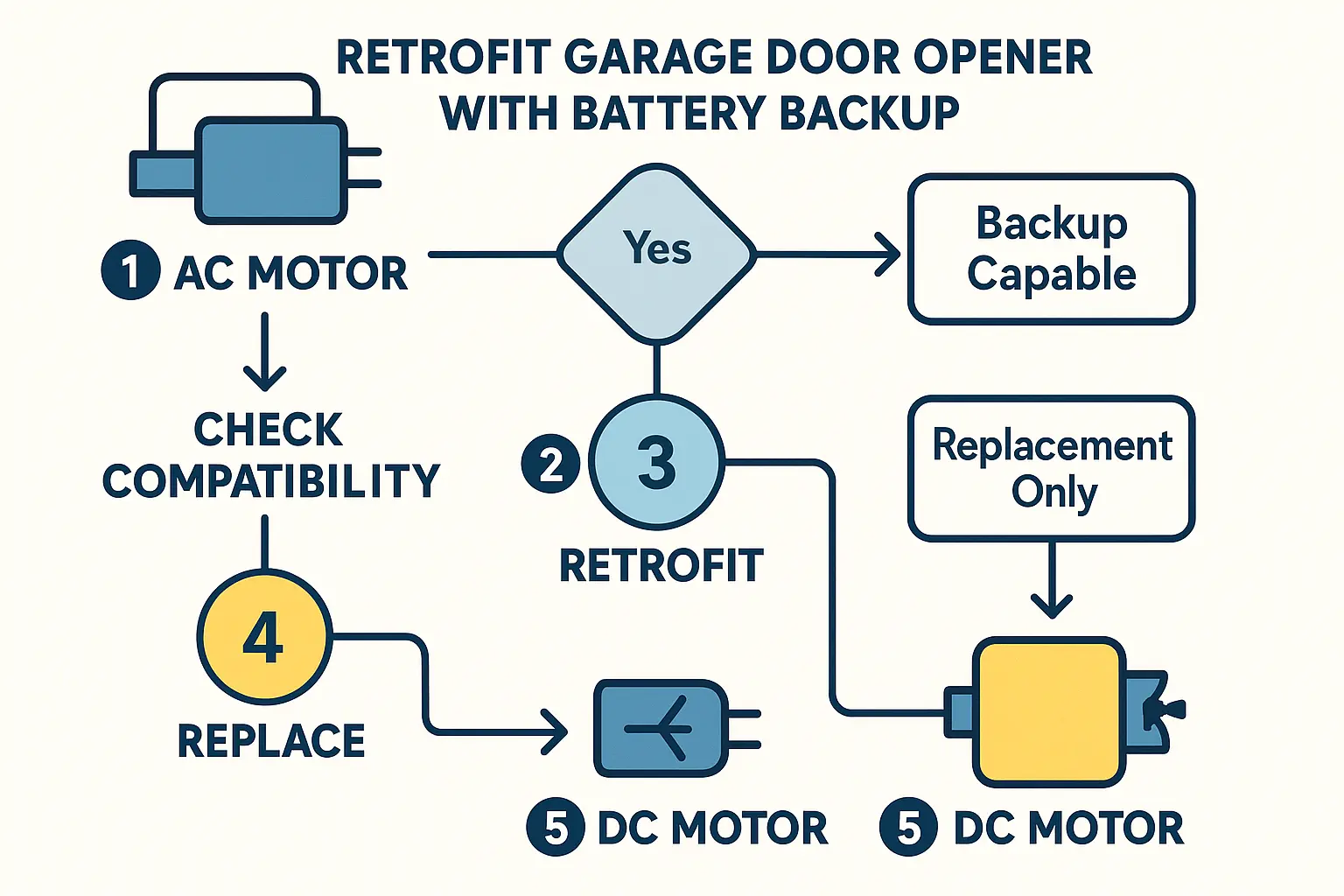 This infographic clarifies the pros and cons of battery backups versus generators for powering garage door openers during outages, emphasizing safety and power requirements.