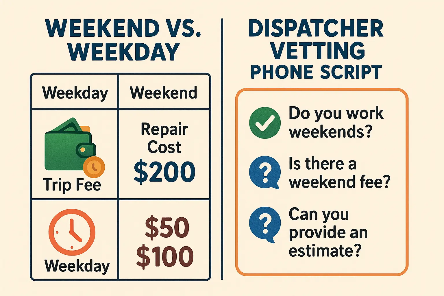 Weekend Dispatch Vetting & Cost Comparison: An easy reference to understand emergency fees and confidently vet repair services before calling, saving money under pressure.
