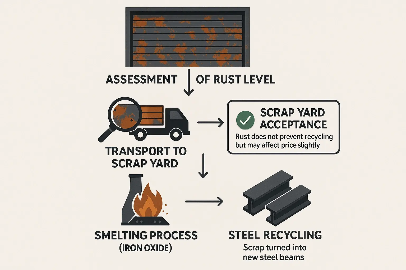 Rust on steel garage doors doesn't block recycling — it simply burns off during smelting, keeping valuable metal in the circular economy while reducing waste.