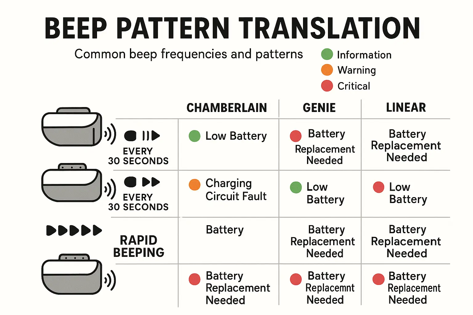 This chart serves as a quick diagnostic tool to identify the meaning behind different garage door opener beep patterns, reducing confusion and panic during power outages.