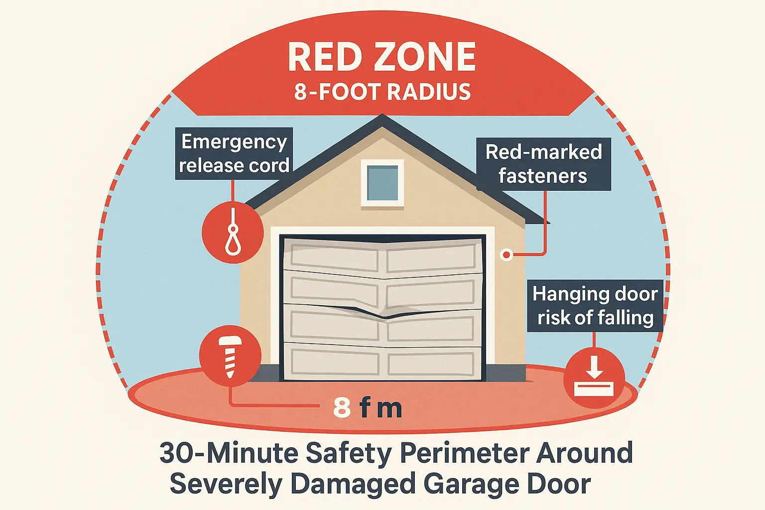 This visual clarifies critical safety zones and hazards to avoid immediately after severe garage door damage, helping users prevent injury during initial emergency moments.