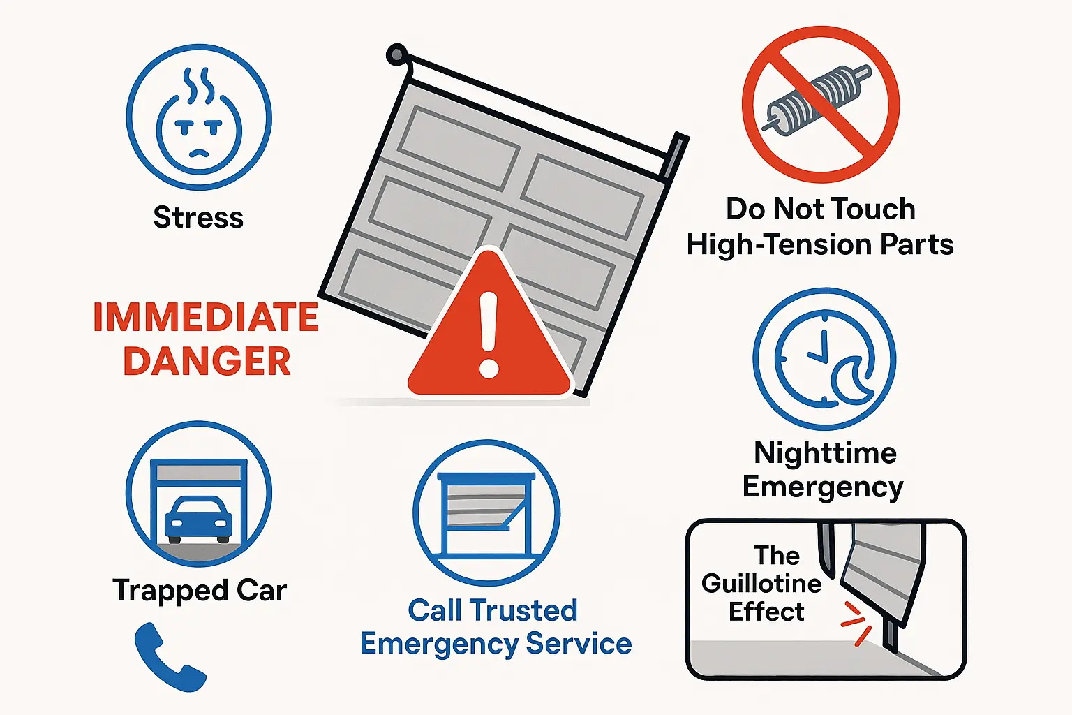 This visualization clarifies the critical safety hazards during a garage door emergency and why immediate, cautious action is essential to protect home and family.