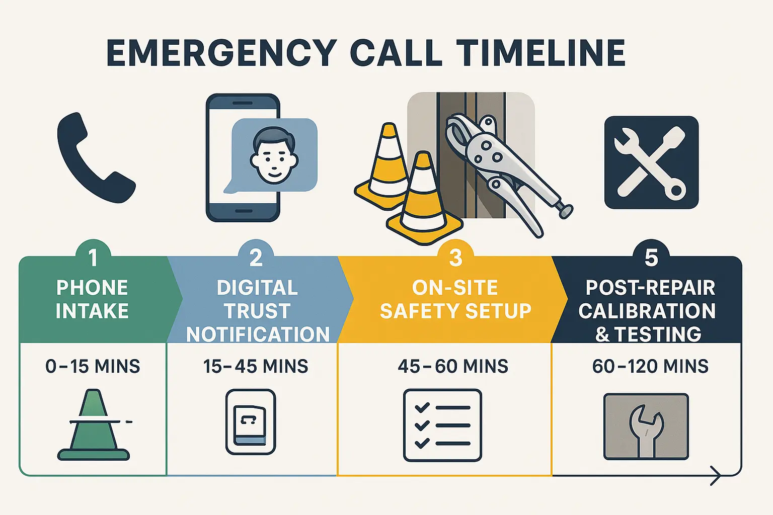 This stepwise timeline educates homeowners on what to expect during an emergency garage door call, demystifying the process from first phone contact through to repair completion and safety testing.
