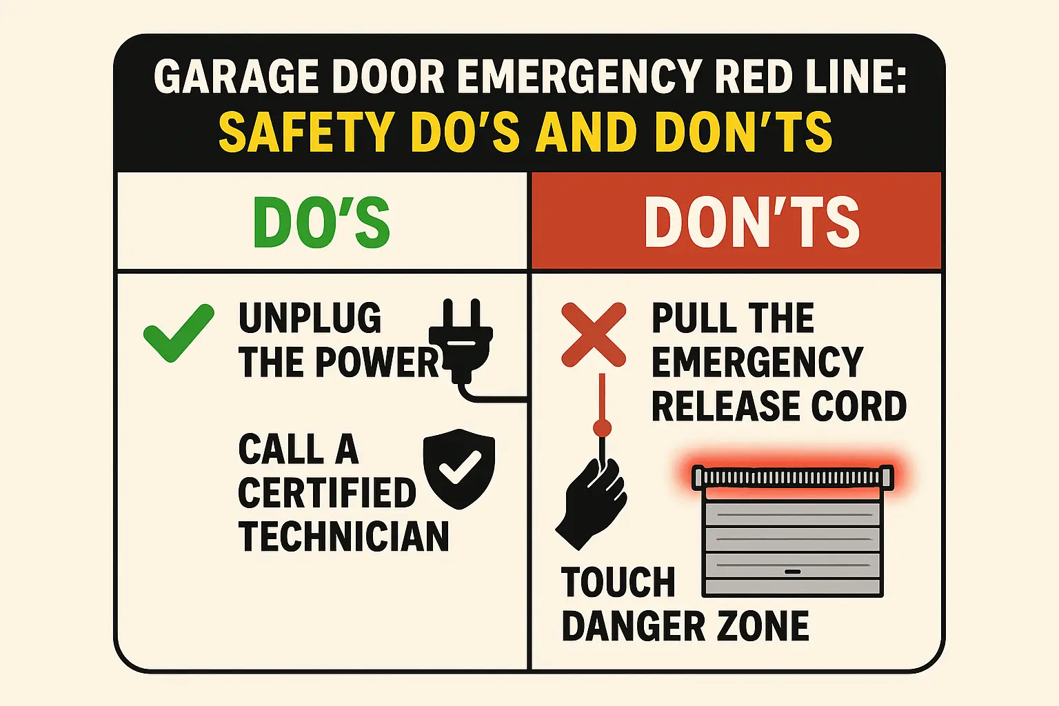 A quick-reference visual that helps homeowners remember critical safety rules during a garage door emergency, preventing injury and costly mistakes.