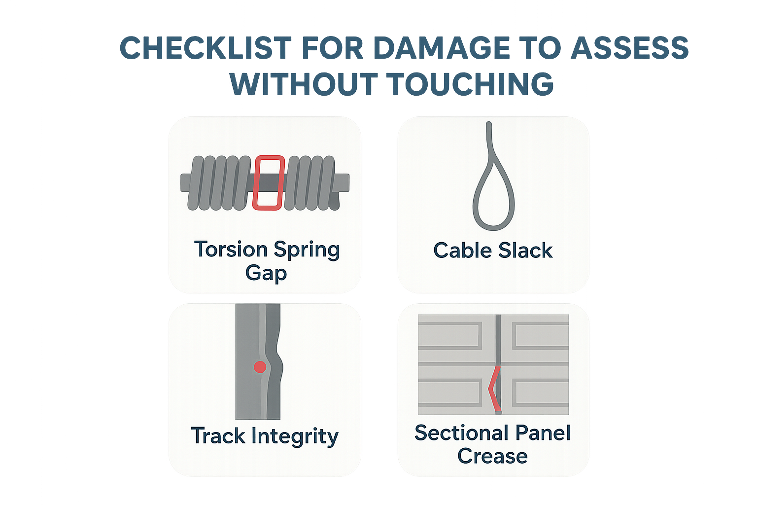 Visual checklist of critical garage door structural check points to inspect after impact