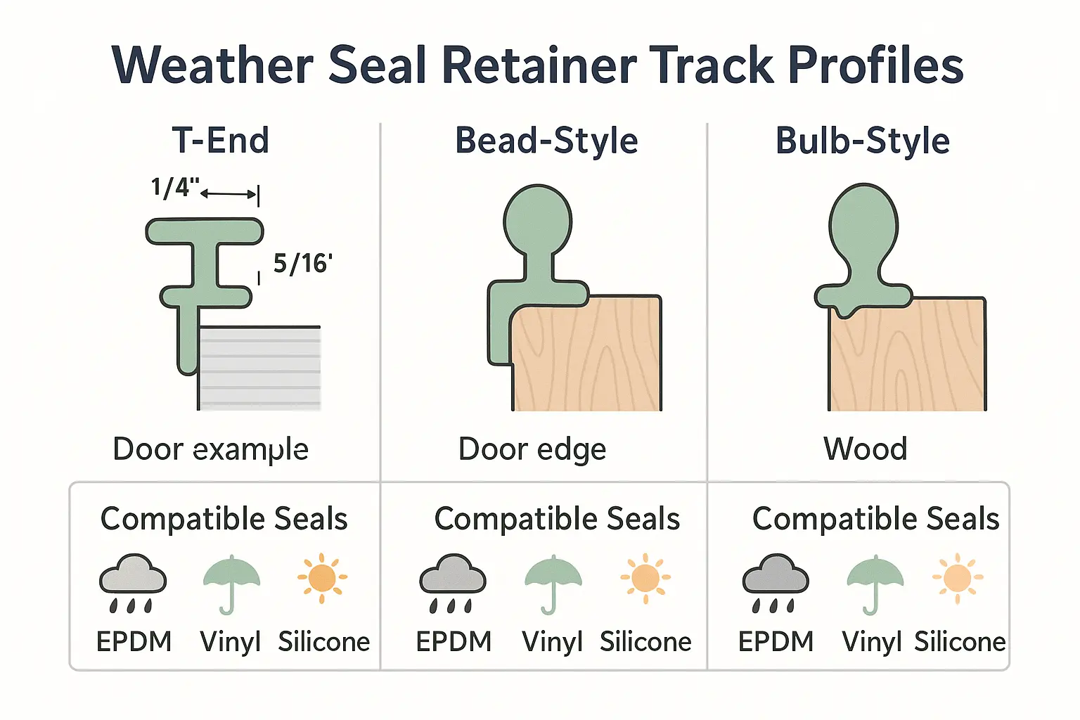 A side-by-side visual comparison of common garage door bottom seal retainer profiles and compatible weatherseal materials, enabling precise part selection based on door type and climate.