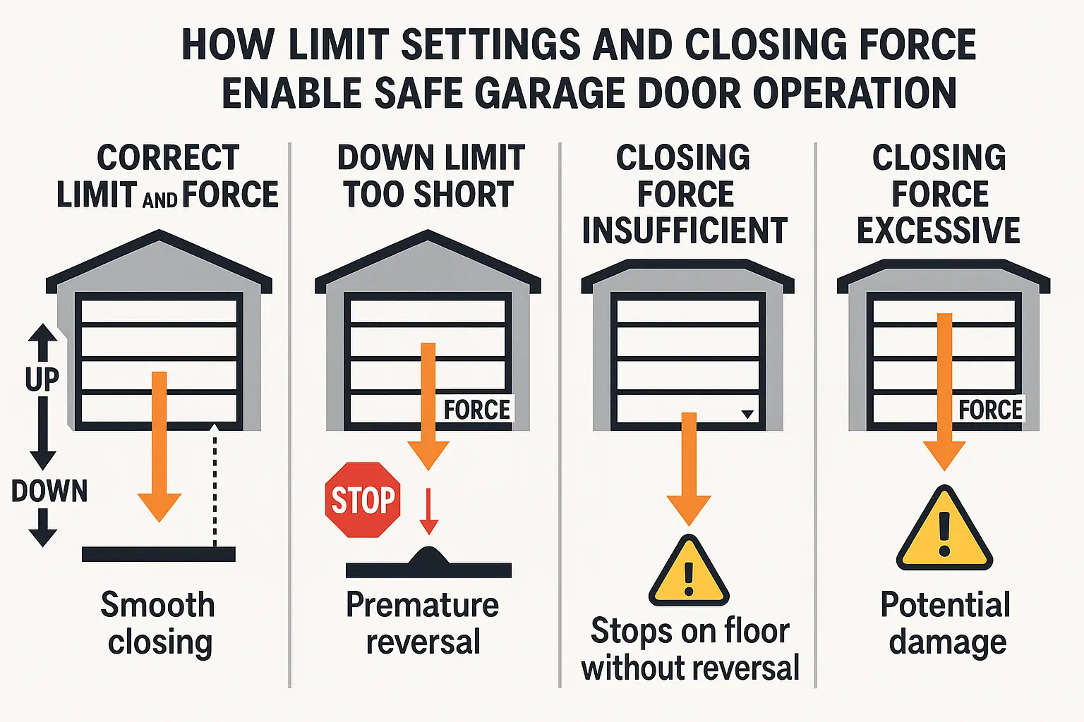This flowchart educates users on how garage door travel limits and force settings interact and affect closing behavior, providing clear visuals of correct and problematic scenarios.