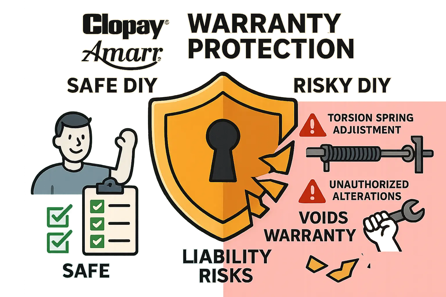 Understanding your garage door warranty: This infographic shows how sticking to recommended DIY tasks protects your warranty, while unauthorized repairs can void coverage and increase liability risks.