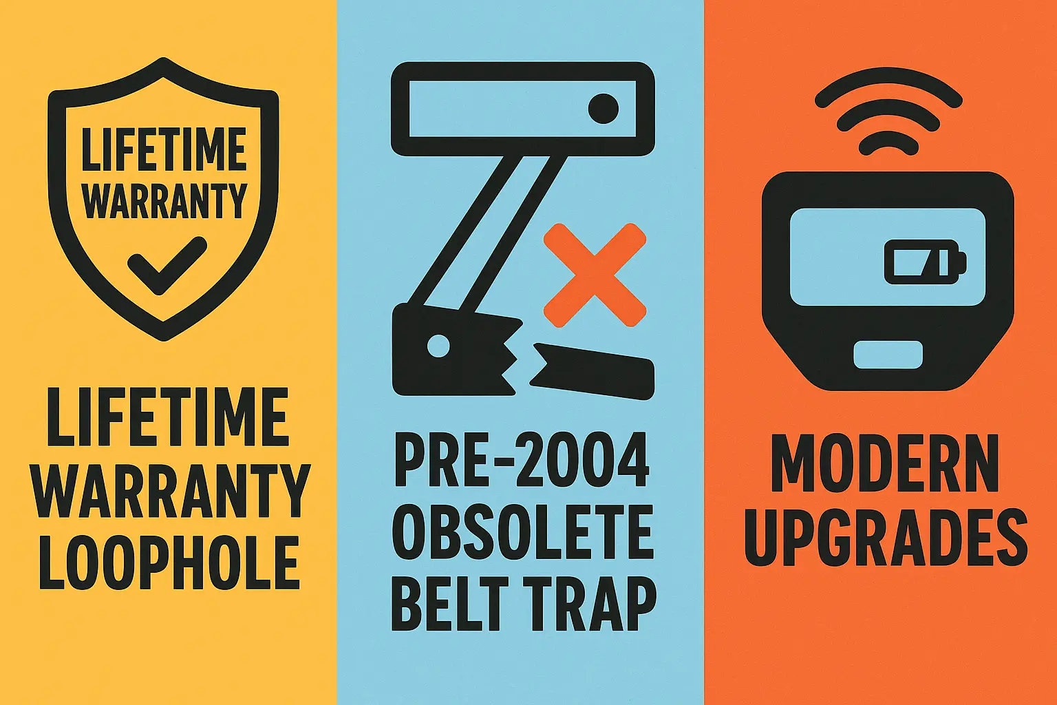 Visual anchors highlight critical repair decision factors: eligibility for a lifelong free belt replacement, the risk of obsolete belts in older models, and reasons to upgrade to smart, battery-backed openers.