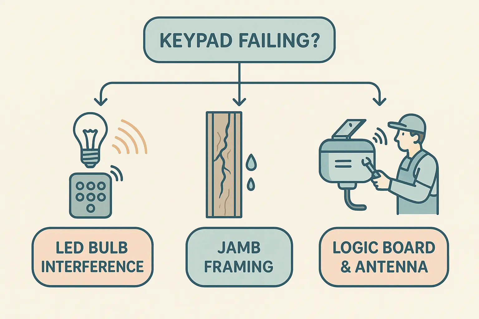 This flowchart educates homeowners on typical reasons their garage door keypad might not work, highlighting troubleshooting steps for LED interference, mounting integrity, and opener receiver issues to empower informed calls for professional help.