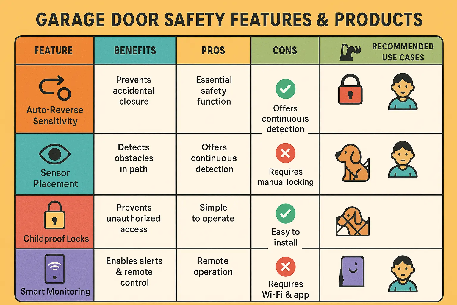 Comparing garage door safety features side-by-side helps families make informed decisions to choose the best upgrades for protecting children and pets, balancing benefits, costs, and practical use.