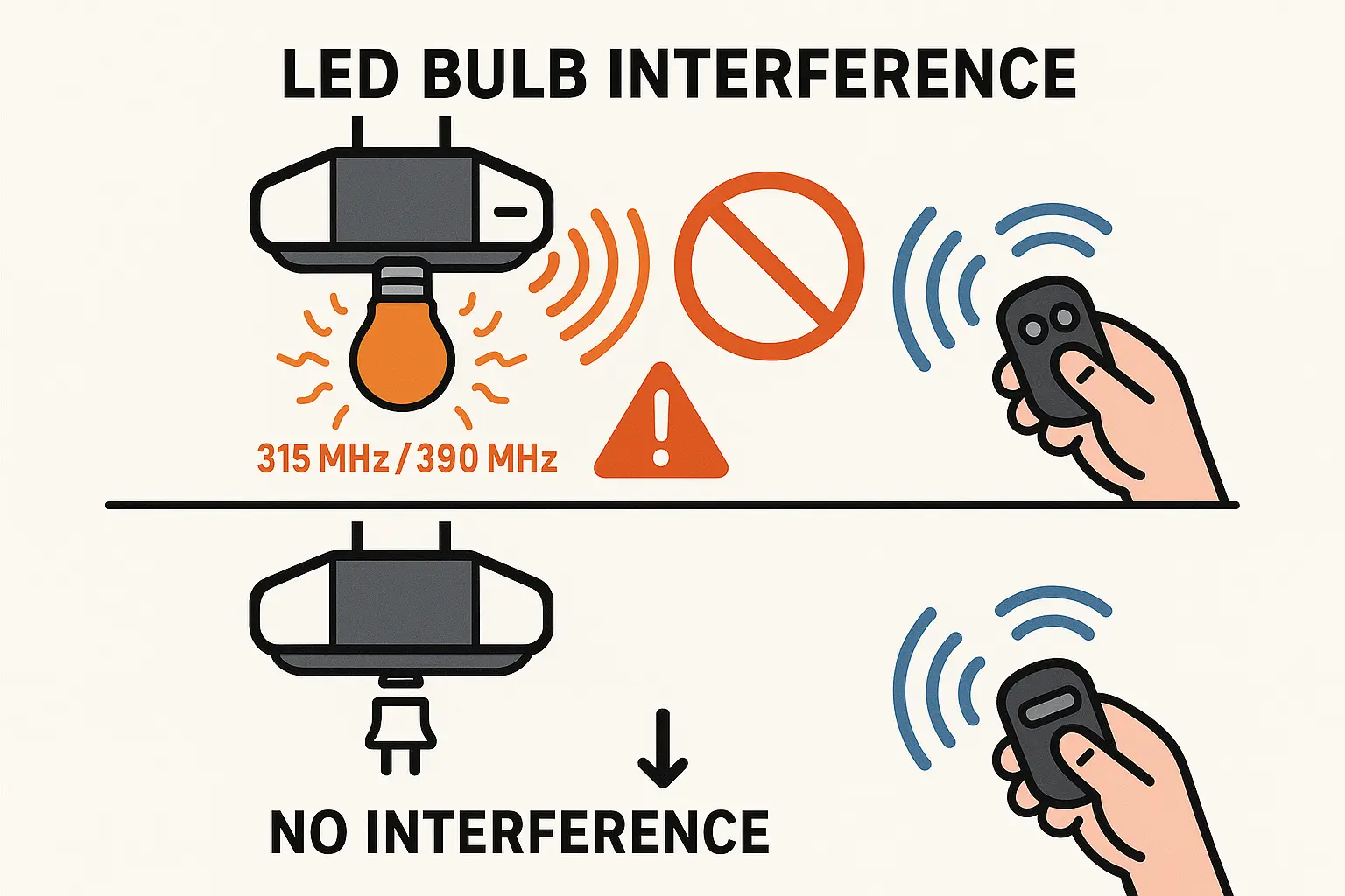 This image visually explains how certain LED bulbs emit electromagnetic noise that interferes with garage door remote signals