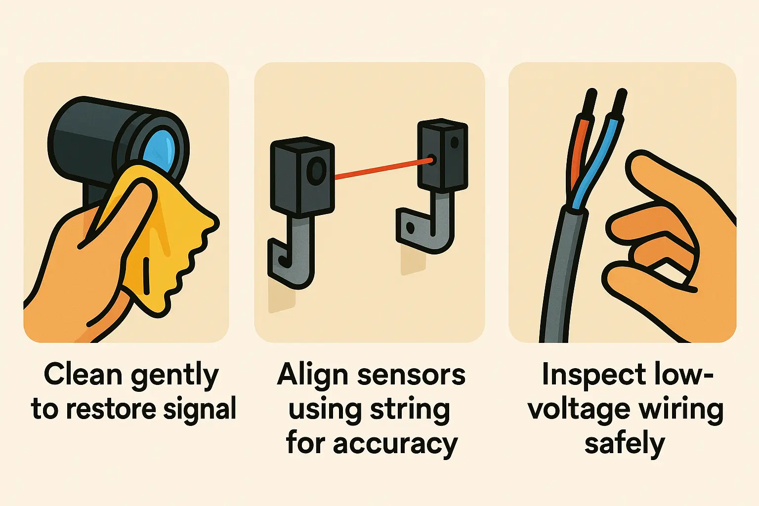 A memorable visual anchor helping homeowners recall the 3 essential quick checks for common photo-eye sensor issues: cleaning, aligning, and wiring inspection.