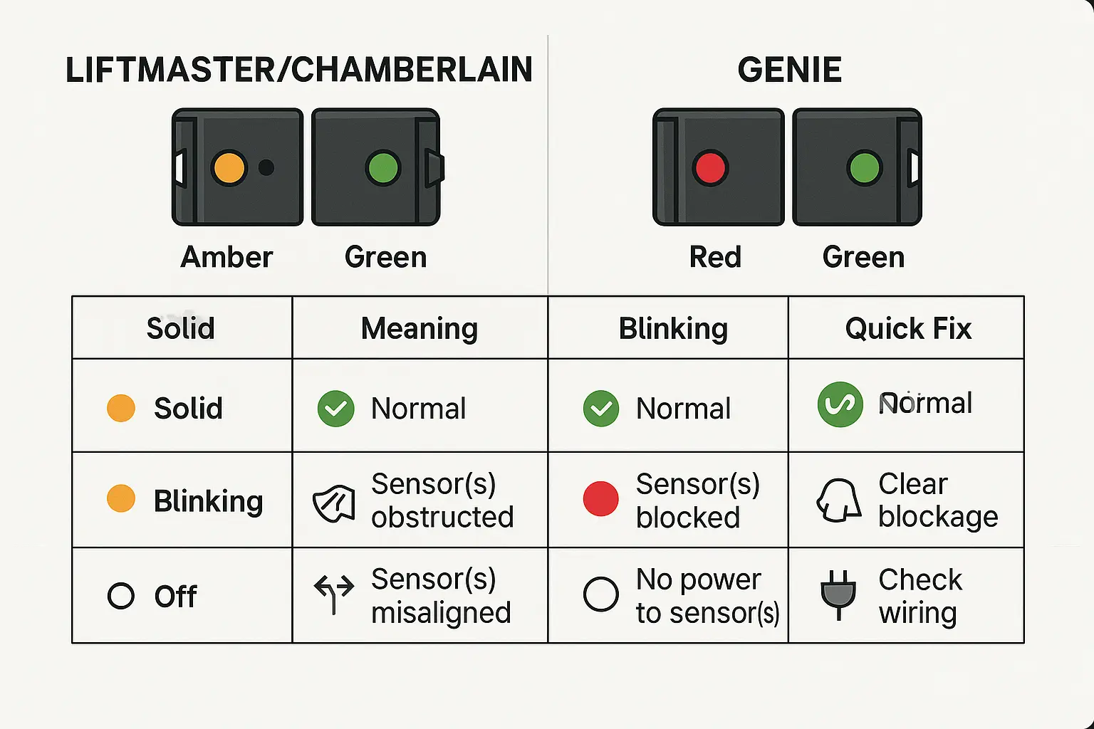 Clear decoding of different LED behaviors for popular garage door sensor brands, empowering homeowners to identify and resolve photo-eye issues with confidence.