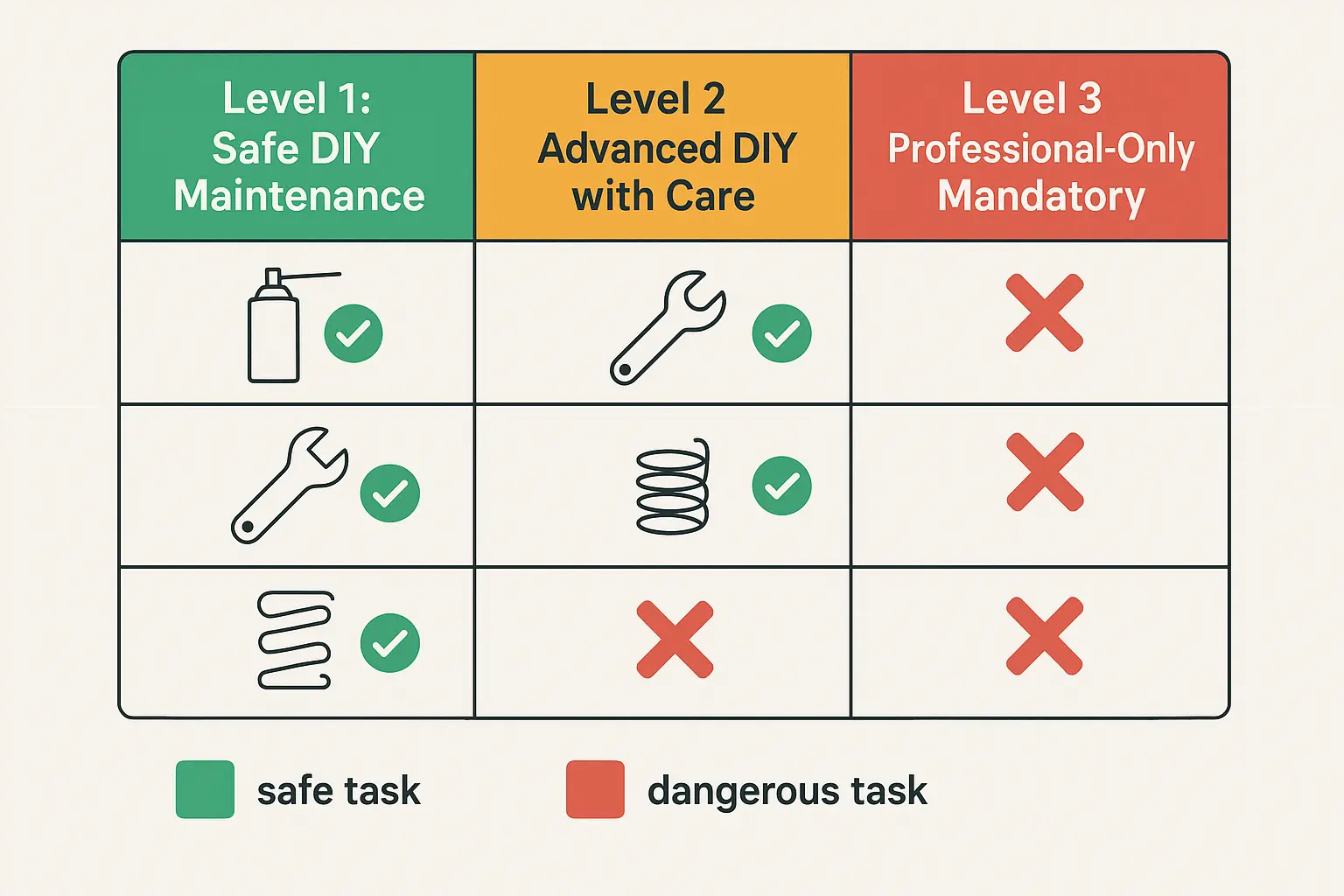 This visual matrix clarifies which garage door maintenance tasks homeowners can safely perform themselves and which require professional expertise, helping reduce confusion and prevent costly mistakes.