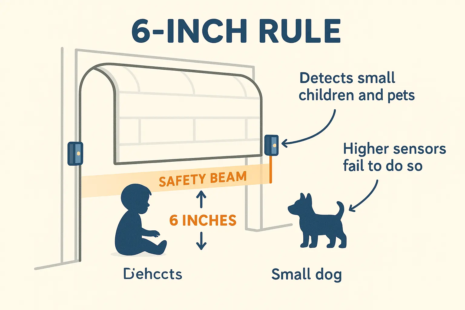 The UL 325 '6-Inch Rule' ensures garage door sensors detect small children and pets by requiring sensor beams to be positioned 6 inches above ground. Proper placement acts like a protective light gate, preventing accidents by sensing vulnerable occupants in the door's path.