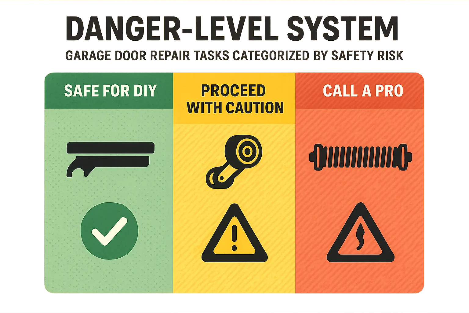 A visual safety decision matrix categorizing garage door repairs by risk level, helping DIYers quickly identify which tasks they can safely perform and when to call a professional.