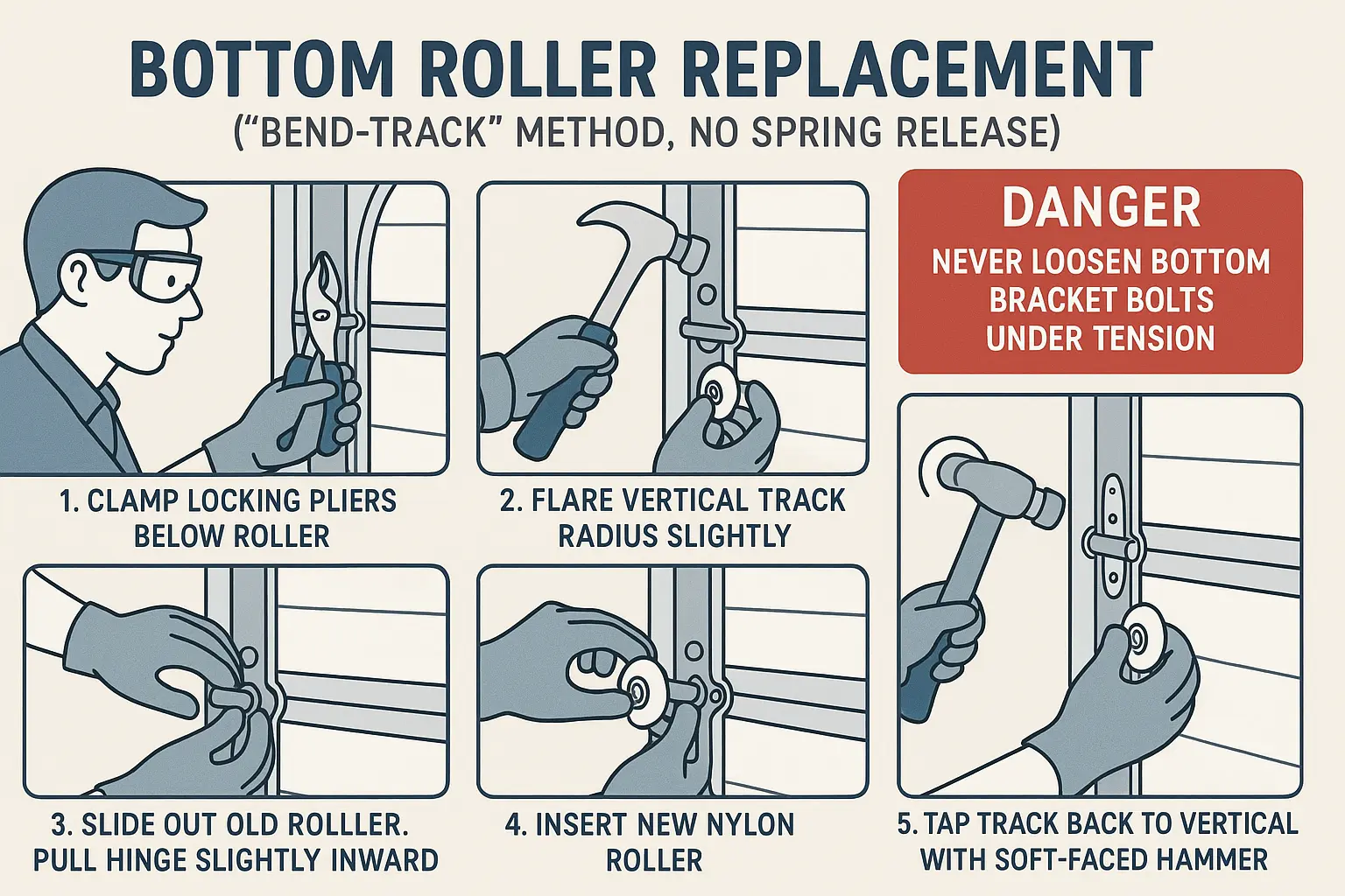 An illustrated safety-first process to replace a garage door’s bottom roller without releasing spring tension by carefully flaring and re-aligning the track.