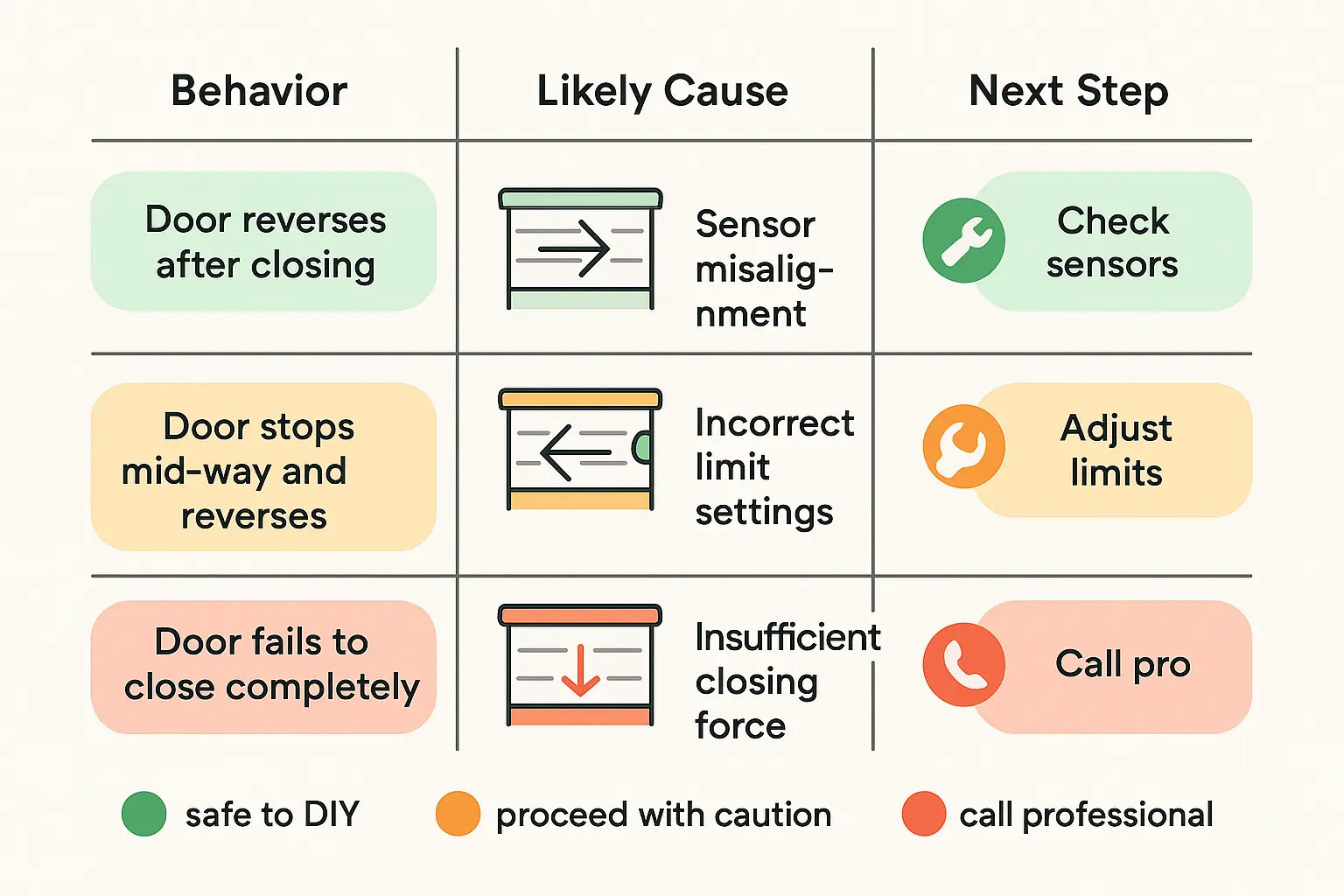 This diagnostic matrix helps homeowners quickly identify why their garage door reverses or fails to close properly and guides them on safe initial checks or when to call a technician.